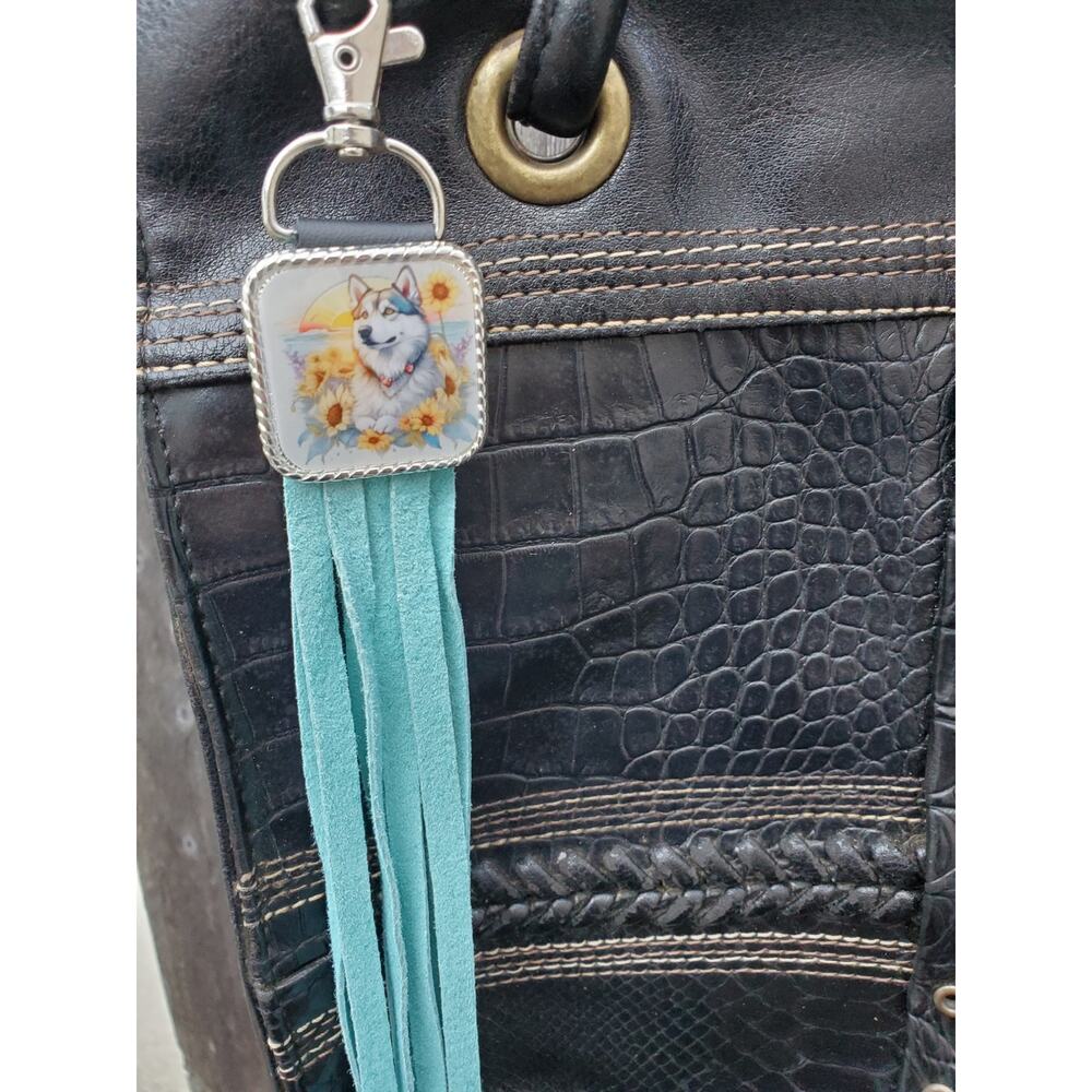 Handmade boho husky dog gift Leather Fringe Western bag charm keychain
